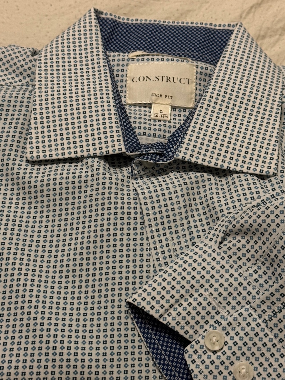 Slim Fit White Dress Shirt with Blue Micro Print